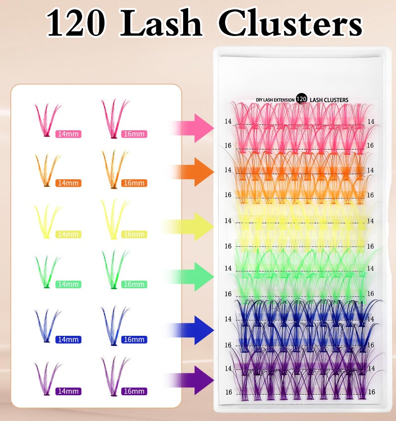 Valuebargain Lash Clusters with Color, 120 Pcs Colorful Lash Clusters, Easy-to-use Colored Eyelashes for Women, Girls DIY at Home, Makeup, (Multi-colored, 14/16 Mm) - Image 3